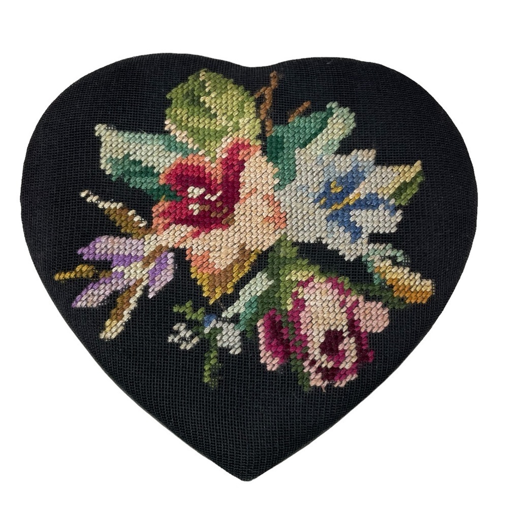 Vintage Embroidery Floral Bouquet Black Heart Trinket Box